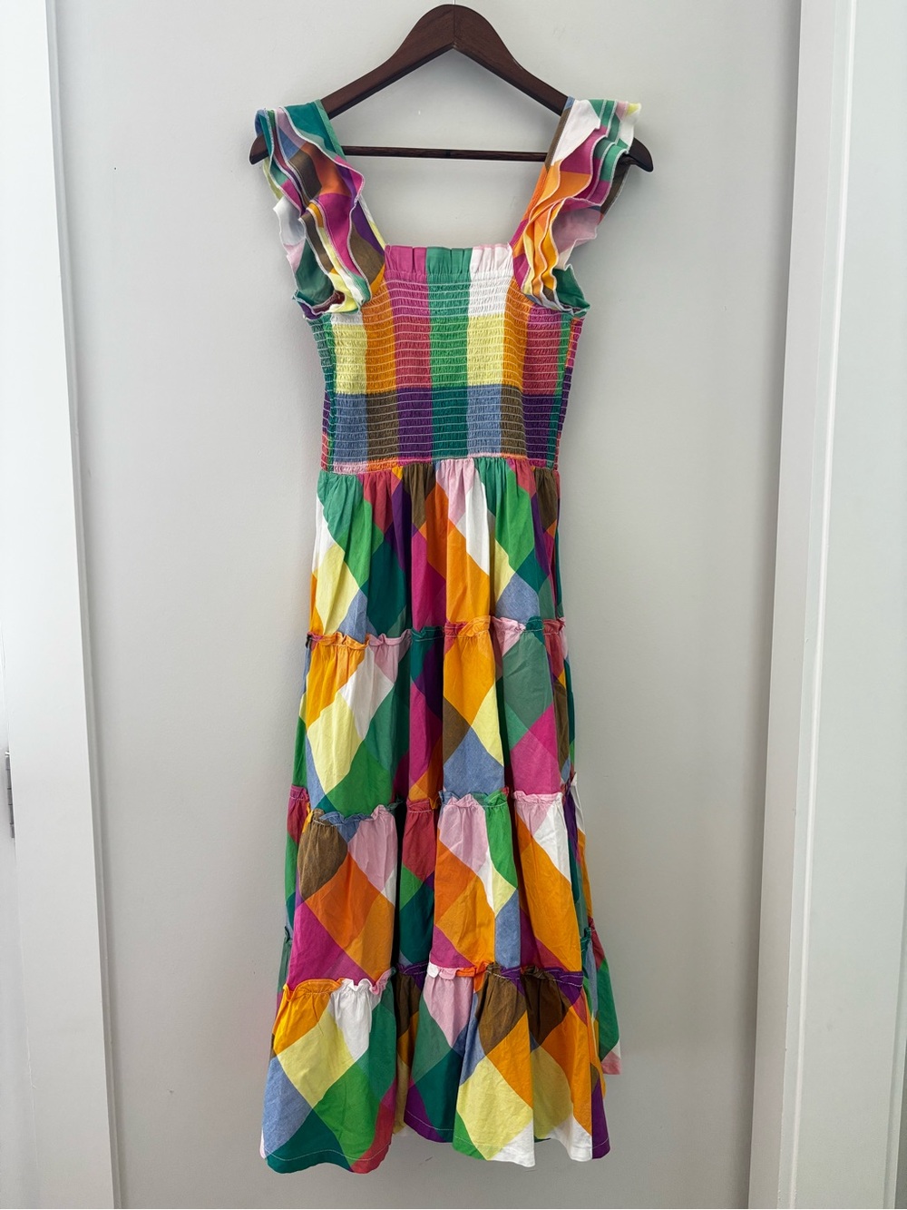 Crown & Ivy Colorful Geometric Smocked Midi Dress XS Flutter Sleeve Cotton - Picture 9 of 10